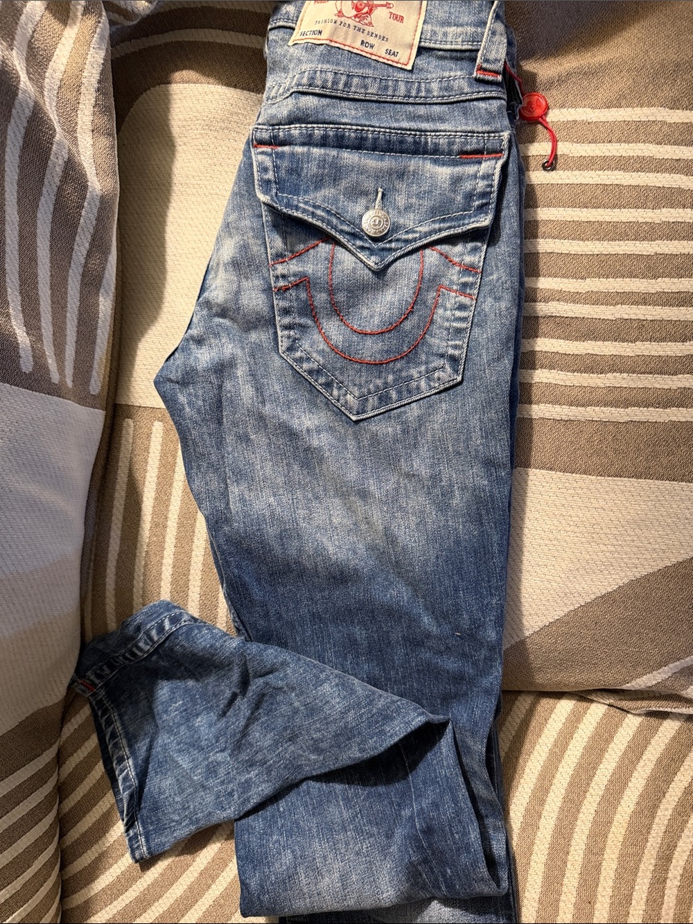 True Religion Light Wash Skinny Jeans with Red Stitching Accent